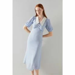 LK Bennett Blue Beecham Houndstooth Print Midi Dress