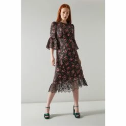 Lk Bennett Aggie Clematis Print Silk And Lace Trim Black Dress