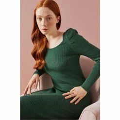 LK Bennett Green Rita Ribbed EcoVero Gathered Sleeve Dress -LK Bennett Shop unnamed file 944