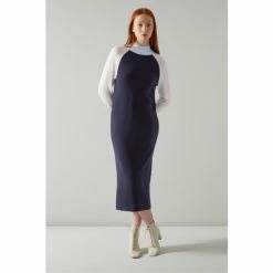 LK Bennett Navy Blue Bergen Merino Blend Colourblock Jumper Dress
