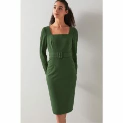 LK Bennett Green Carrington Recycled Polyester Blend Square Neck Dress